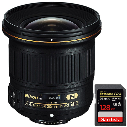 Nikon AF-S NIKKOR 20mm F/1.8G ED Lens + Extreme PRO SDXC 128GB UHS-1 Memory Card