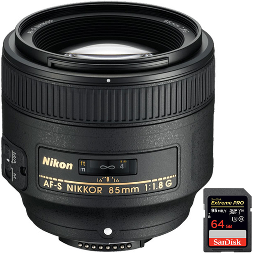 Nikon 85mm f/1.8G AF-S NIKKOR Lens f/ Nikon DSLR Cameras +64GB UHS-1 Memory Card