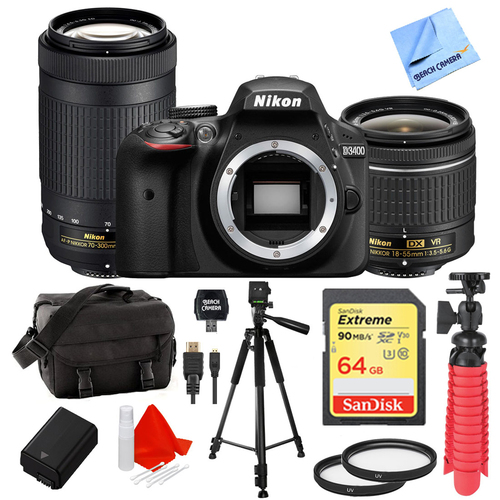 Nikon D3400 24.2MP DX DSLR Camera w/ AF-P 18-55mm VR & 70-300mm Dual Lens 64GB Bundle
