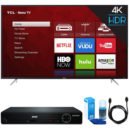 TCL 65-Inch 4K UHD Dual Band Roku Smart LED TV (Black) w/ HDMI DVD Player Bundle