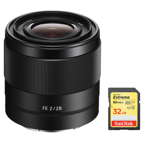 Sony FE 28mm F2 E-mount Full Frame Prime Lens w/ 32GB Extreme SDXC Memory Card