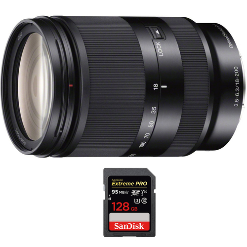 Sony Zoom E-Mount lens 18-200 mm f/3.5-5.6 OSS LE with Sandisk 128GB Memory Card