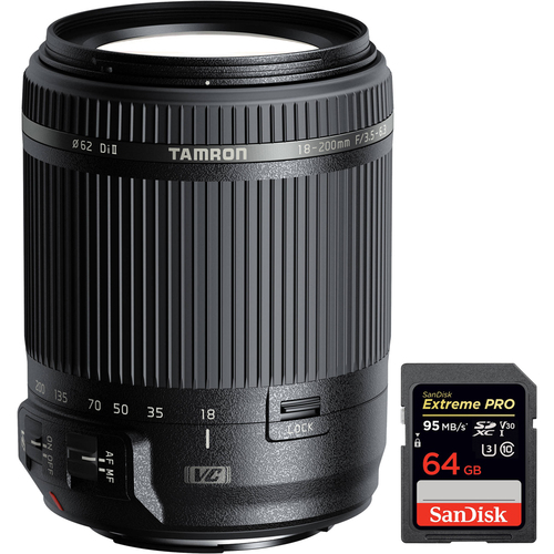 Tamron 18-200mm Di II VC All-In-One Zoom Lens for Canon Mount + 64GB Memory Card