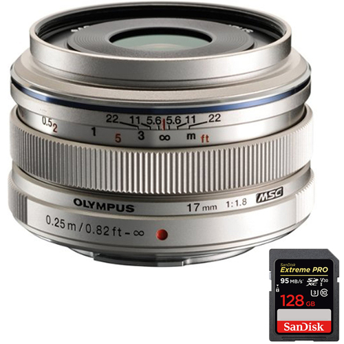 Olympus M.Zuiko 17mm f1.8 Lens Silver + 128GB Memory Card