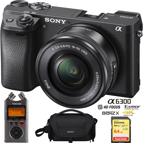 Sony a6300 4K Mirrorless Camera w/ 16-50mm Lens 64GB Card Tascam Recorder Case Bundle