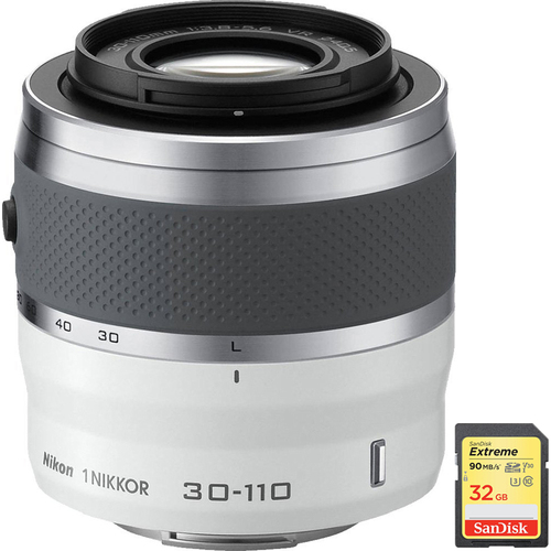 Nikon 1 NIKKOR 30-110mm f/3.8 - 5.6 VR Lens White + 32GB Memory Card
