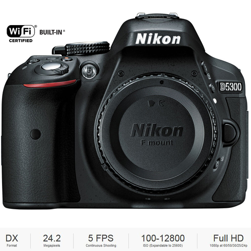 Nikon D5300 DX-Format Digital 24.2 MP SLR Body w/3.2` LCD WiFi - Certified Refurbished