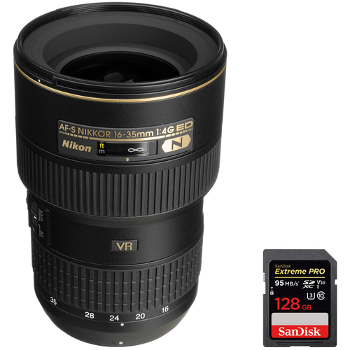 Nikon 16-35mm f/4G ED-VR AF-S Wide-Angle Zoom Lens w/ Sandisk 128GB Memory Card