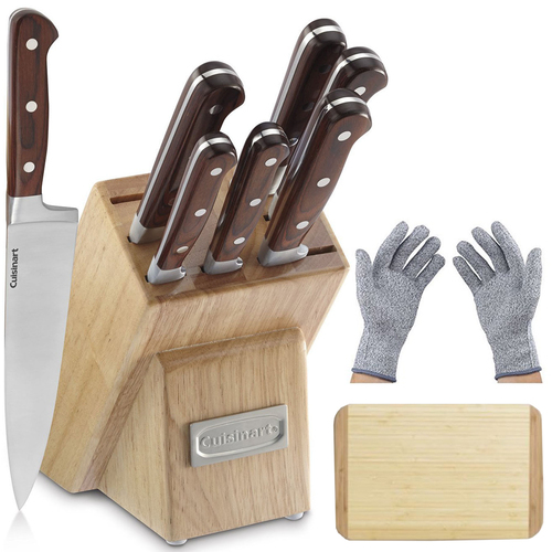 Cuisinart 8 Pcs Pakka Wood Cutlery Block Set w/ Cutting Board & Safety Gloves