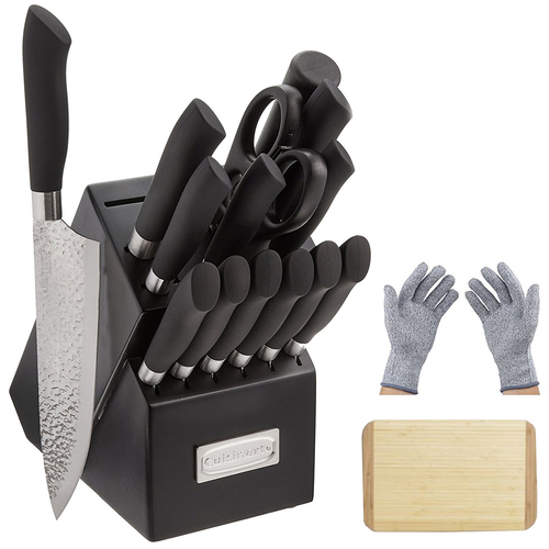 Cuisinart 15 Pcs Steel Cutlery Block Set w/ Bamboo Cutting Board & Safety Gloves