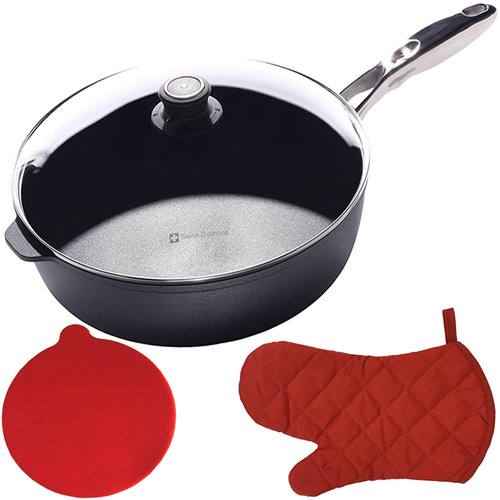 Swiss Diamond Nonstick 5.8 Qt Saute Pan with Red Oven Mitts and Hot Pads