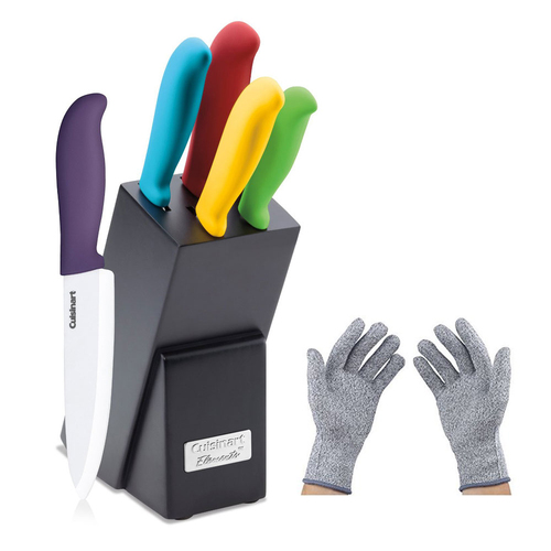 Cuisinart 6 Pcs Ceramic Cutlery Knife Block Set Multicolored w/Safety Gloves