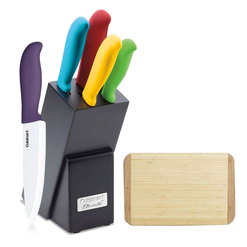 Cuisinart 6 Pcs Ceramic Cutlery Knife Block Set Multicolored w/ Bamboo Cutting Board
