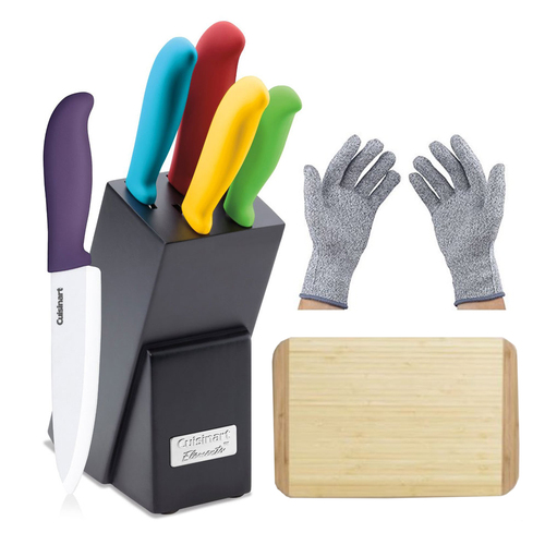Cuisinart 6 Pcs Ceramic Cutlery Knife Block Set Multicolored w/Cutting Board & Gloves