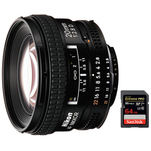 Nikon 20mm F/2.8D AF Wide Angle Nikkor Prime Lens + Extreme 64GB Memory Card