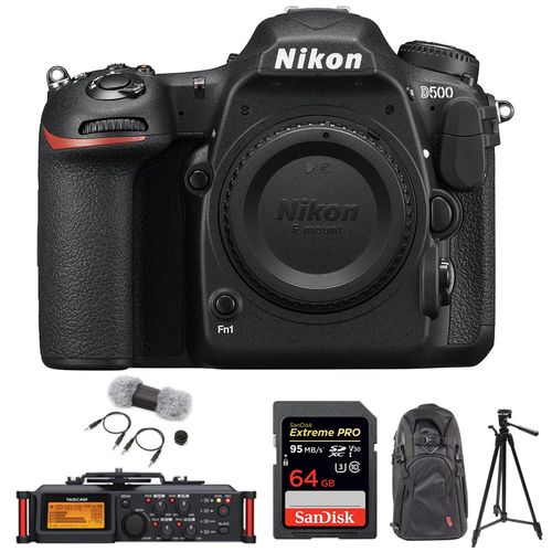 Nikon D500 CMOS DX Format DSLR Camera Body +Tascam Recorder +Sandisk 64GB Card Bundle