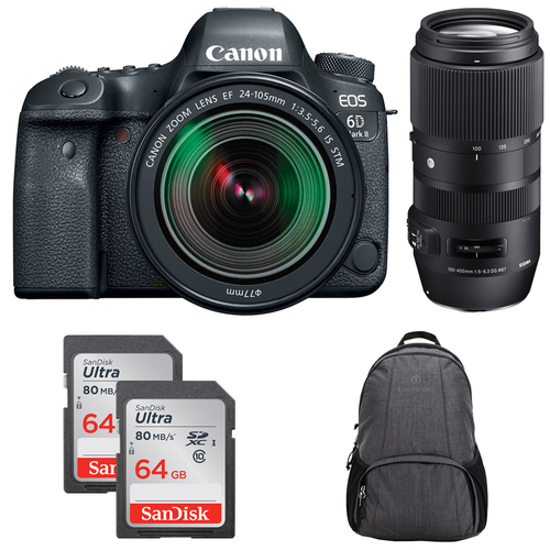Canon EOS 6D Mark II DSLR Camera w/ EF 24-105mm STM + Sigma 100-400mm Lens Bundle