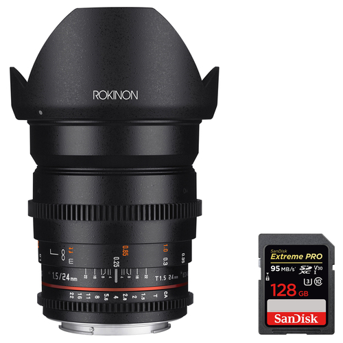 Rokinon DS 24mm T1.5 Full Frame Wide Angle Cine Lens + 128GB Memory Card