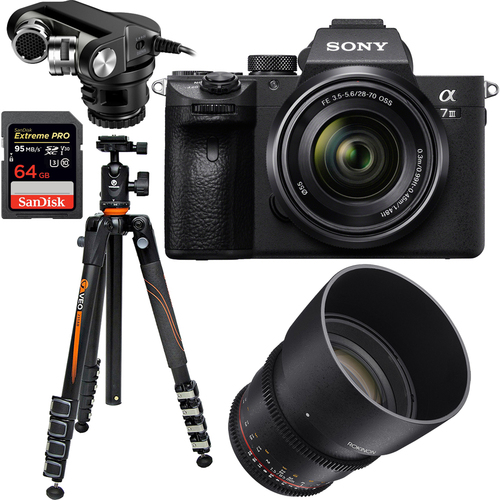 Sony a7III Mirrorless Camera with 28-70mm Lens + Rokinon 85mm Lens Pro 4K Cine Bundle