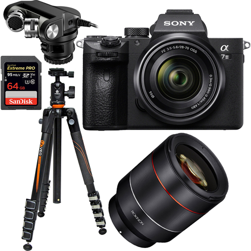 Sony a7III Mirrorless Camera with 28-70mm Lens + Rokinon 50mm Lens Pro 4K Cine Bundle
