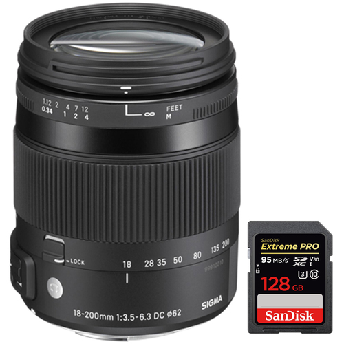 Sigma 18-200mm F3.5-6.3 DC Macro OS HSM Lens for Canon EO + 128GB Memory