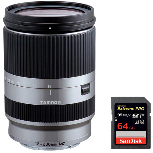 Tamron 18-200mm Di III VC Lens (Silver) for Sony + Sandisk 64GB Memory Card