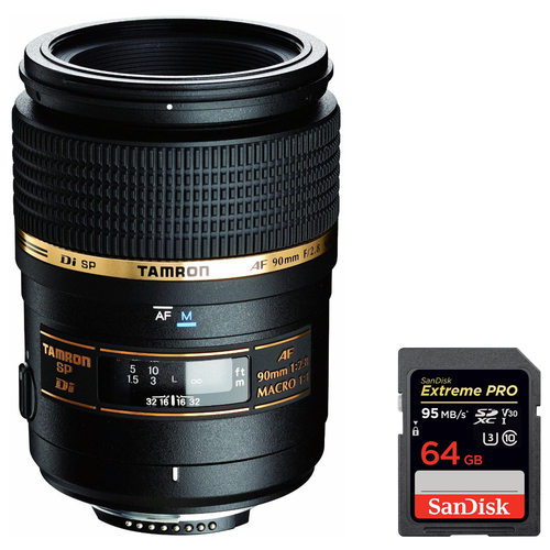 Tamron 90mm F/2.8 DI SP AF Macro 1:1 Lens For Nikon + Sandisk 64GB Memory Card