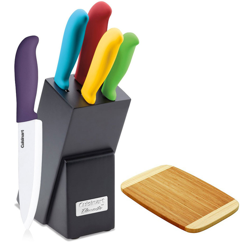 Cuisinart 6 Pc Ceramic Cutlery Knife Block Set w/ Bamboo Cutting Board