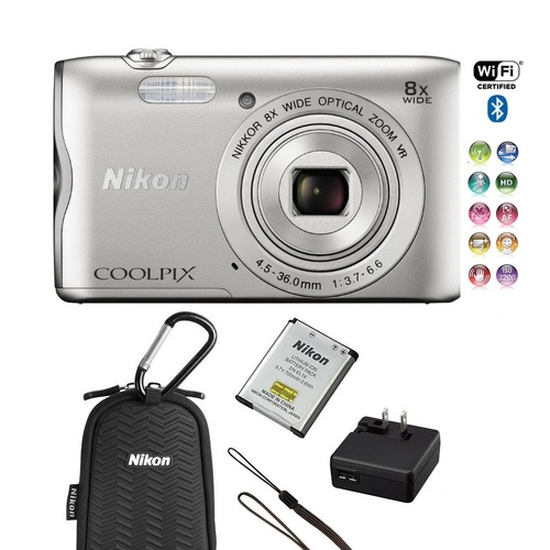 Nikon Coolpix A300 20.1MP 8x Optical Zoom WiFi Digital Camera Kit (Refurbished)