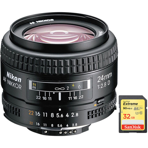 Nikon AF FX Full Frame NIKKOR 24mm f/2.8D Fixed Zoom Lens with 32GB Memory Card