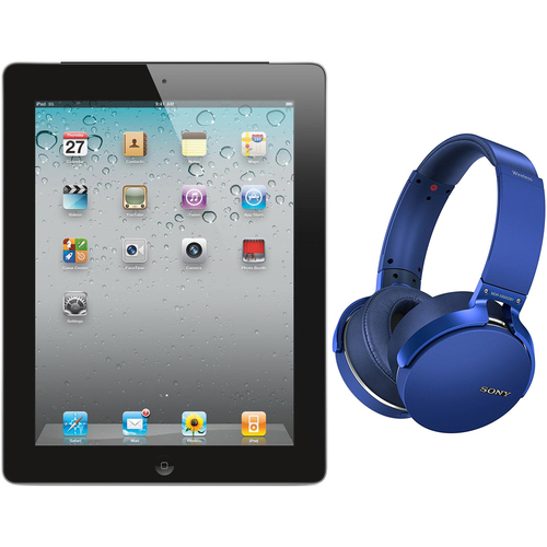 Apple iPad 2 16GB Black 2nd Gen Refurbished with New Wireless Headphones Blue