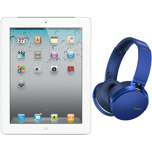 Apple iPad 2 16GB White 2nd Gen Refurbished with New Wireless Headphones Blue