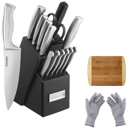 Cuisinart 15pc Stainless Steel Cutlery Block Set w/Safety Gloves & Cutting Board
