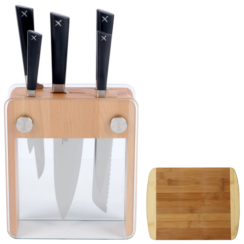 Mercer Cutlery 6-Pc. Knife Block Set - Beech Wood & Glass w/ Premium Cutting Board