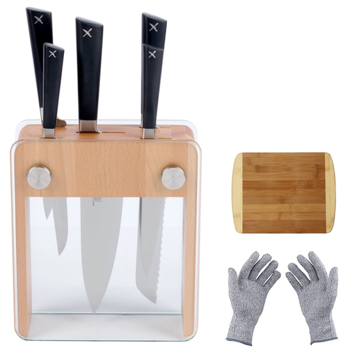 Mercer Cutlery 6-Pc. Knife Block Set - Beech Wood & Glass w/Cutting Board & Safety Gloves