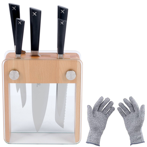Mercer Cutlery 6-Pc. Knife Block Set - Beech Wood & Glass w/ Protective Safety Gloves