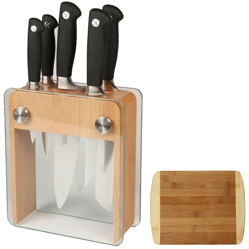Mercer Culinary 6-Pc. Genesis Knife Block Set - Beech Wood and Glass w/Premium Cutting Board