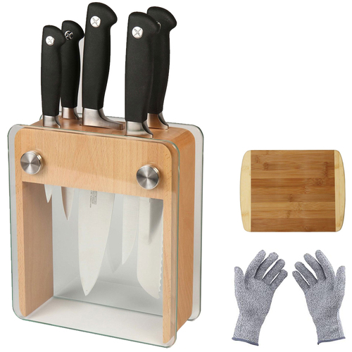 Mercer Culinary 6-Pc. Genesis Knife Block Set, Beech Wood & Glass +Cutting Board & Safety Gloves