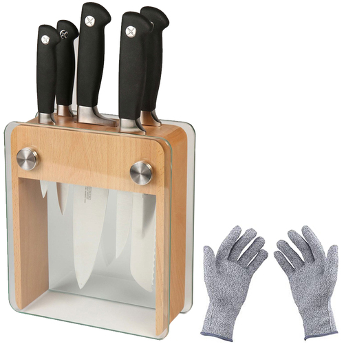 Mercer Culinary 6-Pc. Genesis Knife Block Set - Beech Wood & Glass w/ Protective Safety Gloves