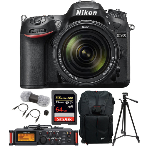 Nikon D7200 DX-Format DSLR Body + 18-140mm Lens +Tascam Recorder+Sandisk 64GB Card Kit