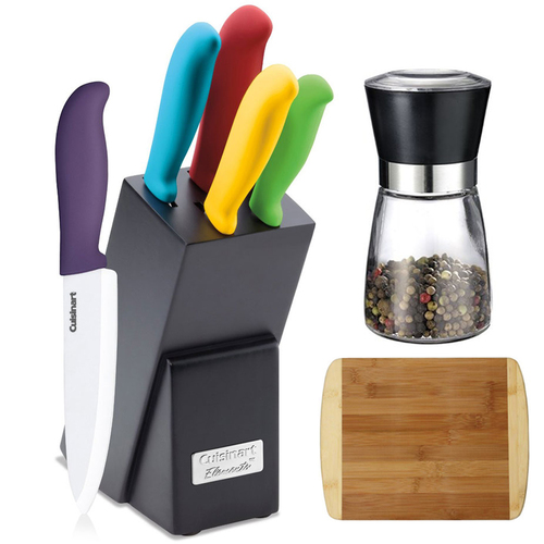 Cuisinart 6 Pc Ceramic Cutlery Knife Block Set with Spice Mill and Cutting Board