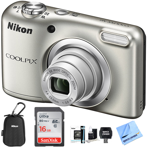 Nikon COOLPIX A10 16.1MP 5x Zoom Lens Digital Camera - Silver 16GB Bundle Refurbished