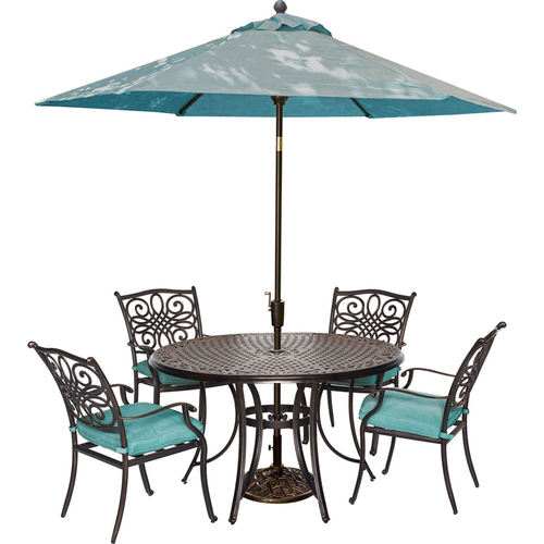 Hanover Traditions 5-Piece Dining Set With Table Umbrella In Blue - TRADDN5PC-B-SU