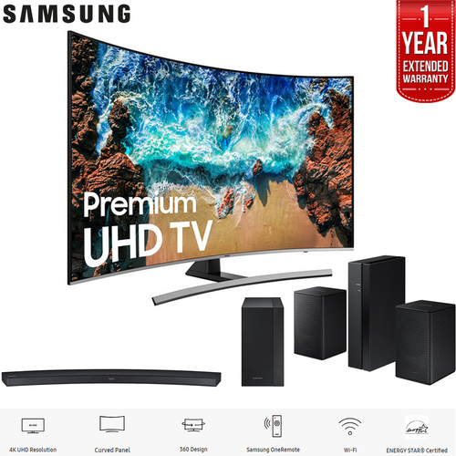 Samsung 65` Curved Smart 4K UHD TV 2018 Model + Sound Bar & Warranty Bundle
