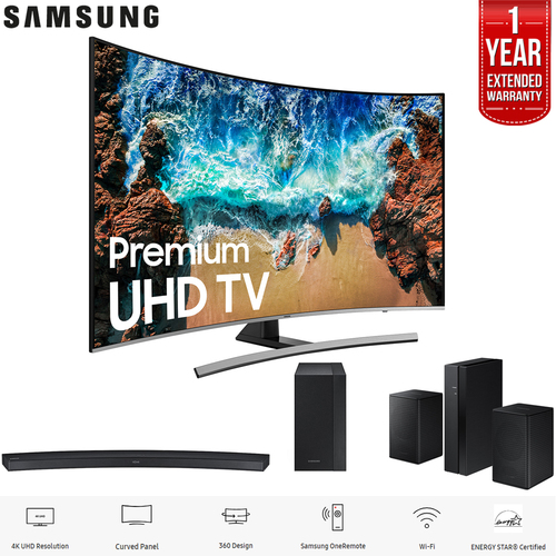 Samsung 55` Curved Smart 4K UHD TV 2018 Model + Sound Bar & Warranty Bundle