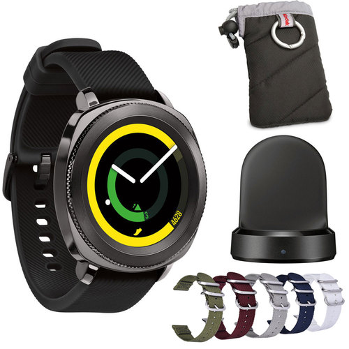 Samsung Gear Sport Fitness Watch Black Bundle w/ Case + Wireless Charging Dock + Straps