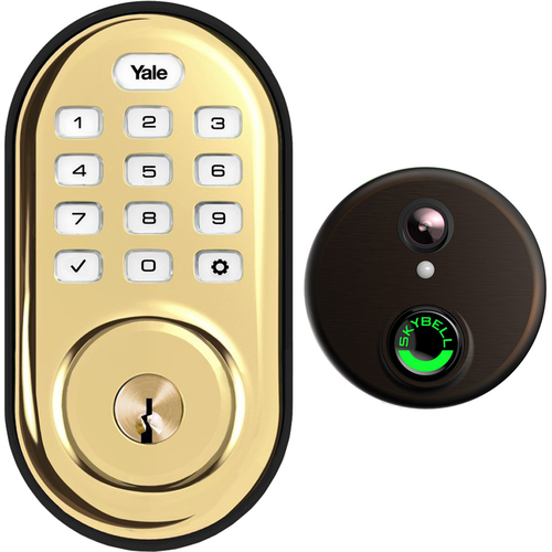 Yale Locks Assure Lock Push Button w/ Z-Wave in Polished Brass + Video Doorbell