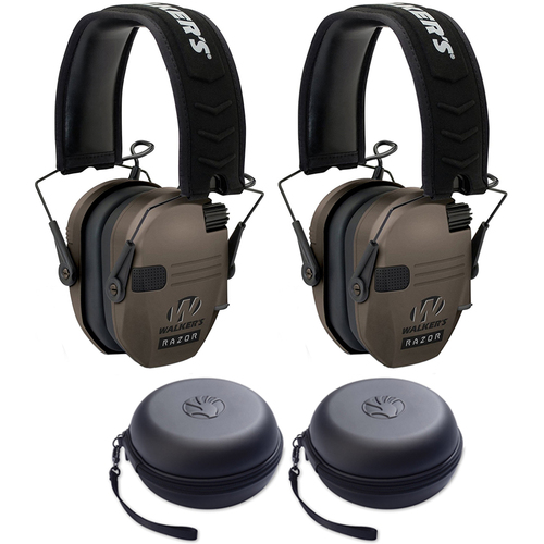 Walkers Razor Series Ear Muffs Hearing Protection Dark Earth 2 Pack + 2 Headphone Case