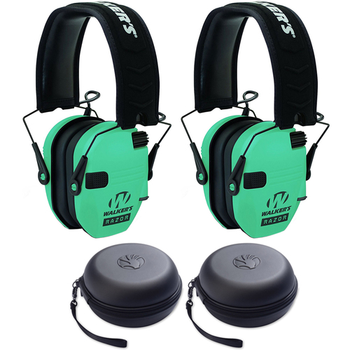 Walkers Razor Series Ear Muffs Hearing Protection Light Teal 2 Pack + 2 Headphone Case