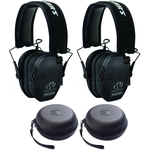 Walkers Razor Series Ear Muffs Hearing Protection Black 2 Pack + 2 Headphone Case